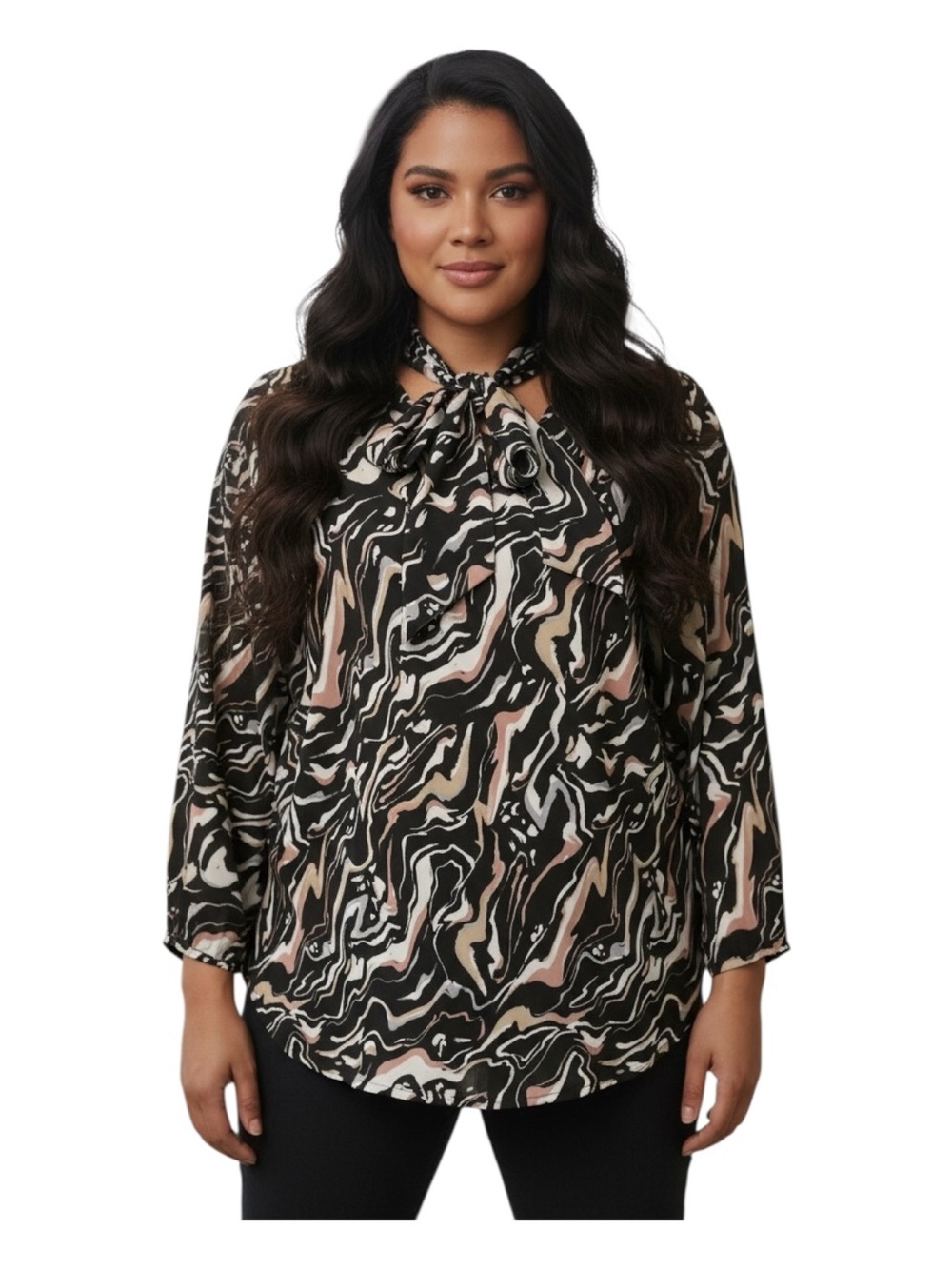 The Limited Plus Size 2X Black and Beige Abstract Tie-Neck Blouse